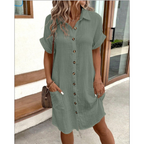 Vesperia™ | Vestido camisero de mujer con cuello en V, botones y mangas cortas | Mini
