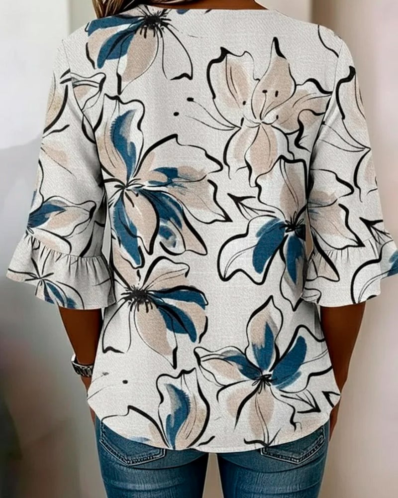 Rosélisse™ | Floral Ruffle V-Neck Blouse
