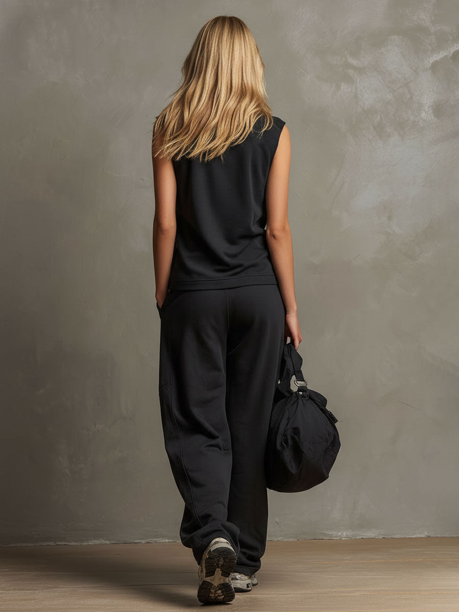 Kyli™ | Conjunto de blusa sin mangas con cuello negro y botones y pantalones