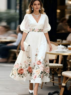 Tevra™ | Vestido de mujer con cuello en V, mangas abullonadas y elegante estampado floral