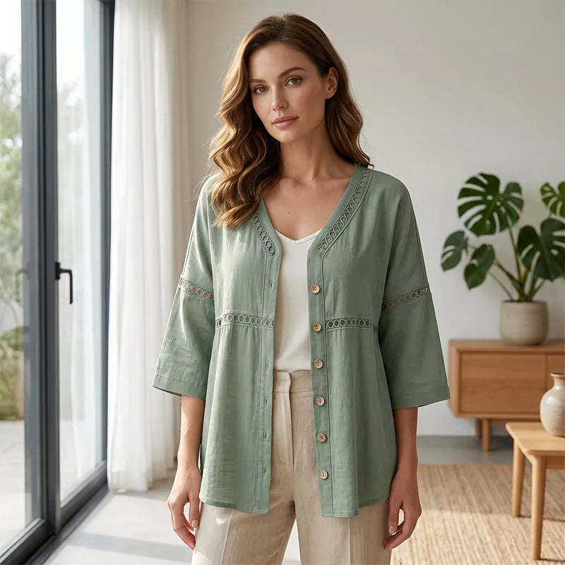 👚 Women's Cotton & Linen Blend V-Neck Button-Up Lace Trim Shirt ✨