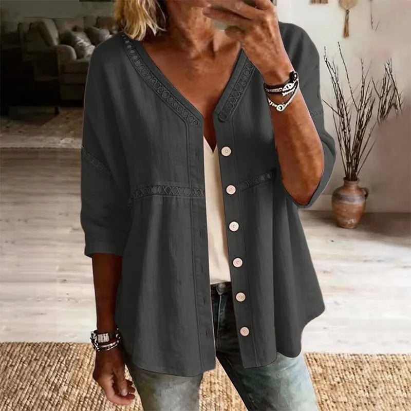 👚 Women's Cotton & Linen Blend V-Neck Button-Up Lace Trim Shirt ✨