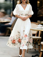 Tevra™ | Vestido de mujer con cuello en V, mangas abullonadas y elegante estampado floral