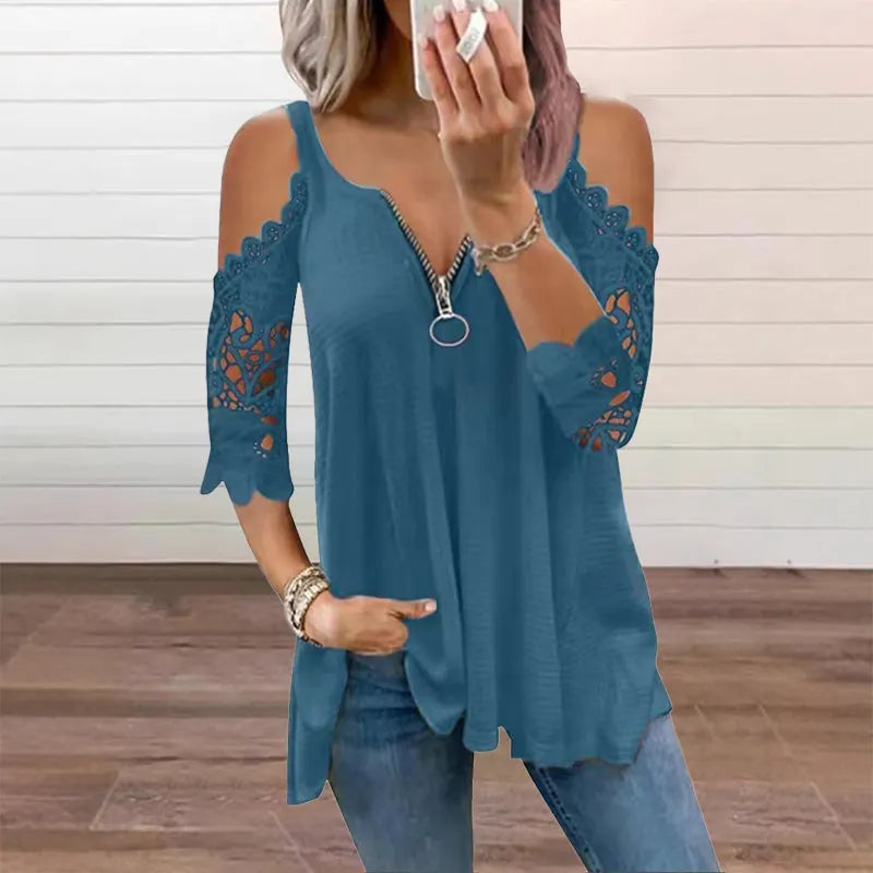 Virel™ | Blusa de encaje con hombros al aire y cremallera para mujer
