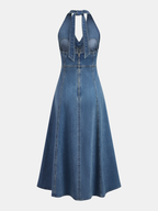 Ivaris™ | Vestido midi vaquero con escote halter y espalda descubierta