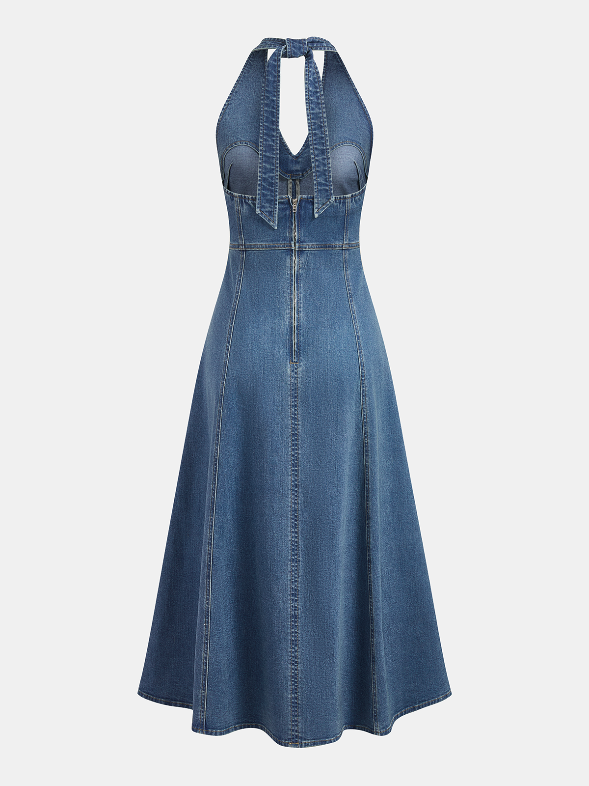 Ivaris™ | Vestido midi vaquero con escote halter y espalda descubierta