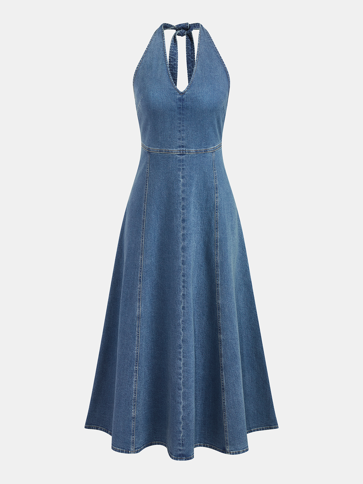 Ivaris™ | Vestido midi vaquero con escote halter y espalda descubierta