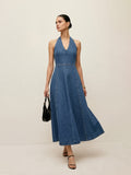Ivaris™ | Vestido midi vaquero con escote halter y espalda descubierta