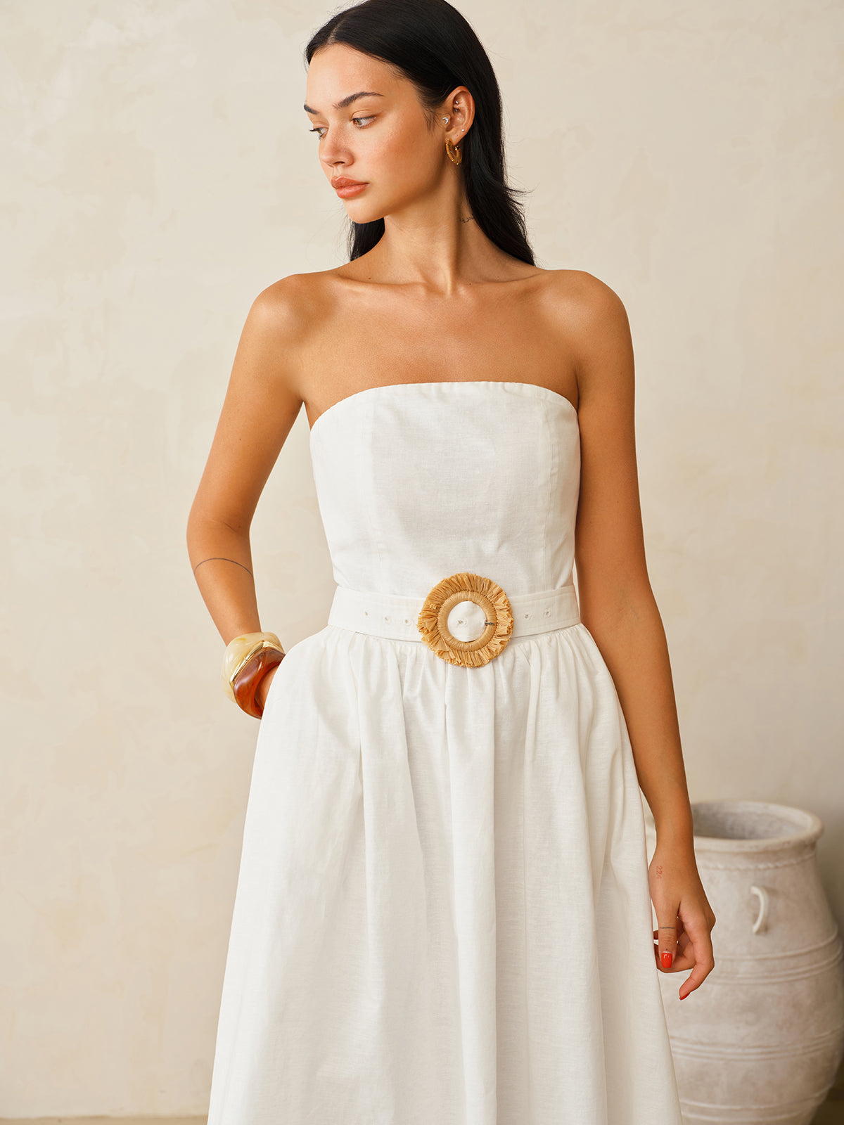 Strapless Cotton Linen Belted Maxi Dress