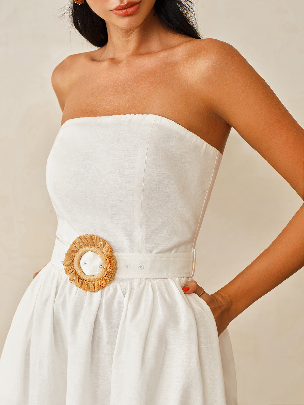 Strapless Cotton Linen Belted Maxi Dress