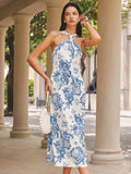Oresta™ | Vestido midi con cuello halter y tirantes atados a la espalda, con estampado floral
