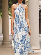 Oresta™ | Vestido midi con cuello halter y tirantes atados a la espalda, con estampado floral
