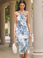 Oresta™ | Vestido midi con cuello halter y tirantes atados a la espalda, con estampado floral