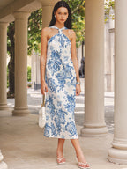 Oresta™ | Vestido midi con cuello halter y tirantes atados a la espalda, con estampado floral