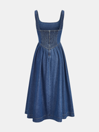 Xylos™ | Vestido midi de denim con cuello cuadrado y lazo delantero