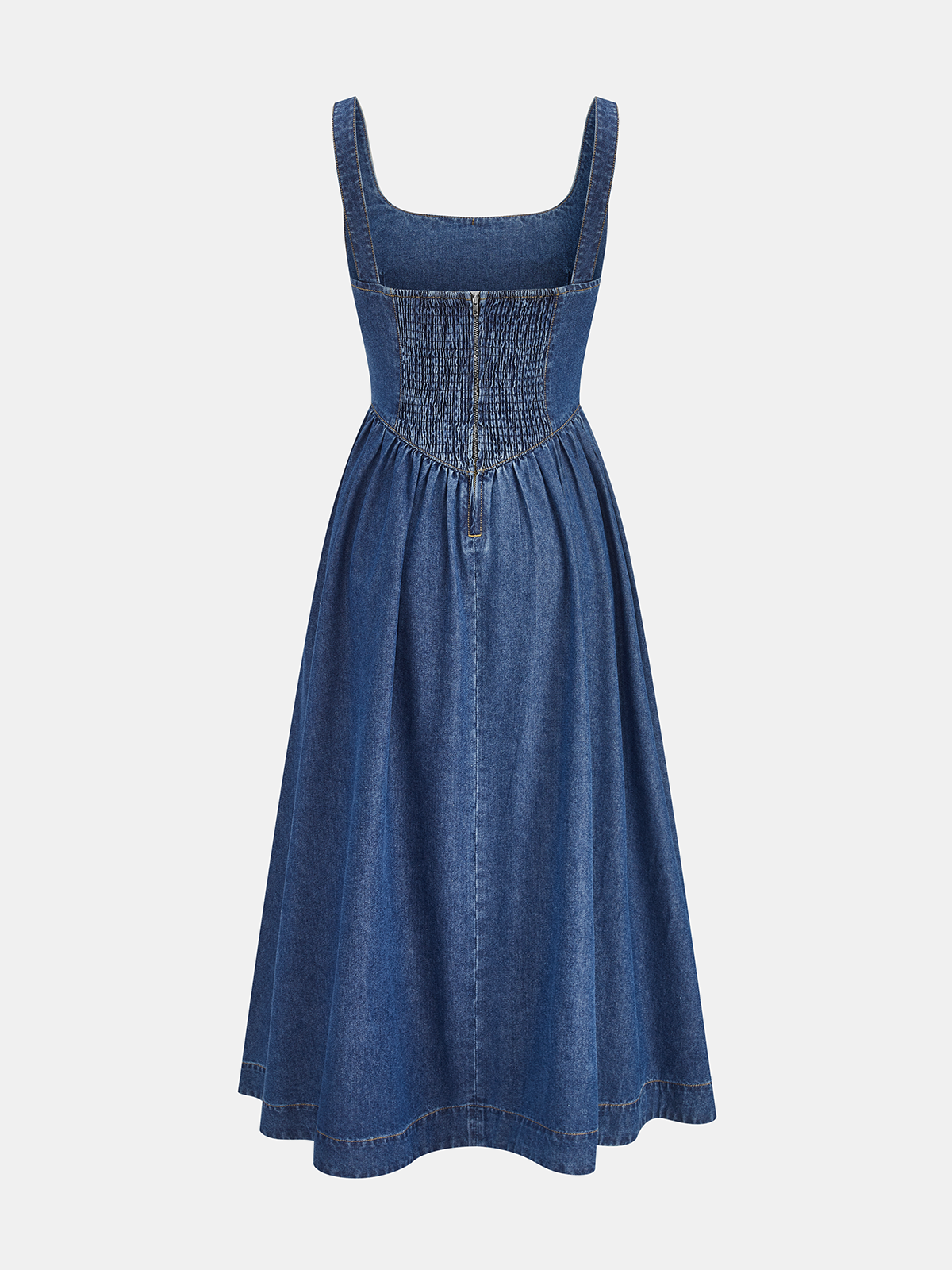 Xylos™ | Vestido midi de denim con cuello cuadrado y lazo delantero