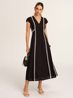 Lace Inset V-Neck Cotton Linen Midi Dress