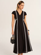 Lace Inset V-Neck Cotton Linen Midi Dress