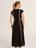 Lace Inset V-Neck Cotton Linen Midi Dress
