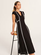 Lace Inset V-Neck Cotton Linen Midi Dress