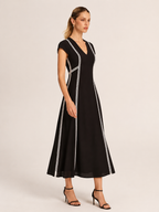 Lace Inset V-Neck Cotton Linen Midi Dress