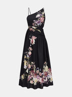 Asymmetric Cutout Floral Slip Midi Dress