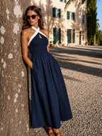 Color Block Halter Keyhole Midi Dress