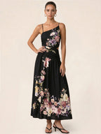 Asymmetric Cutout Floral Slip Midi Dress