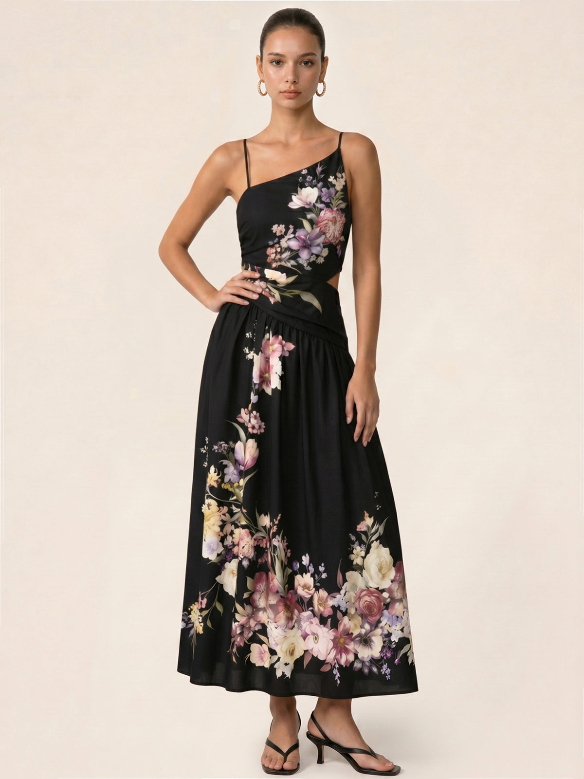 Asymmetric Cutout Floral Slip Midi Dress