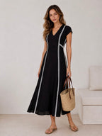 Lace Inset V-Neck Cotton Linen Midi Dress