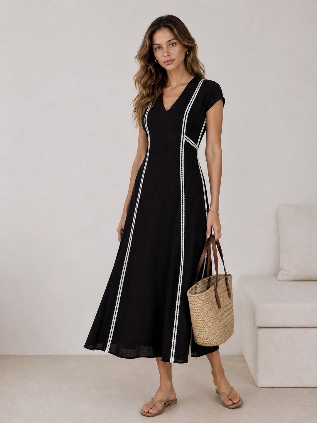 Lace Inset V-Neck Cotton Linen Midi Dress