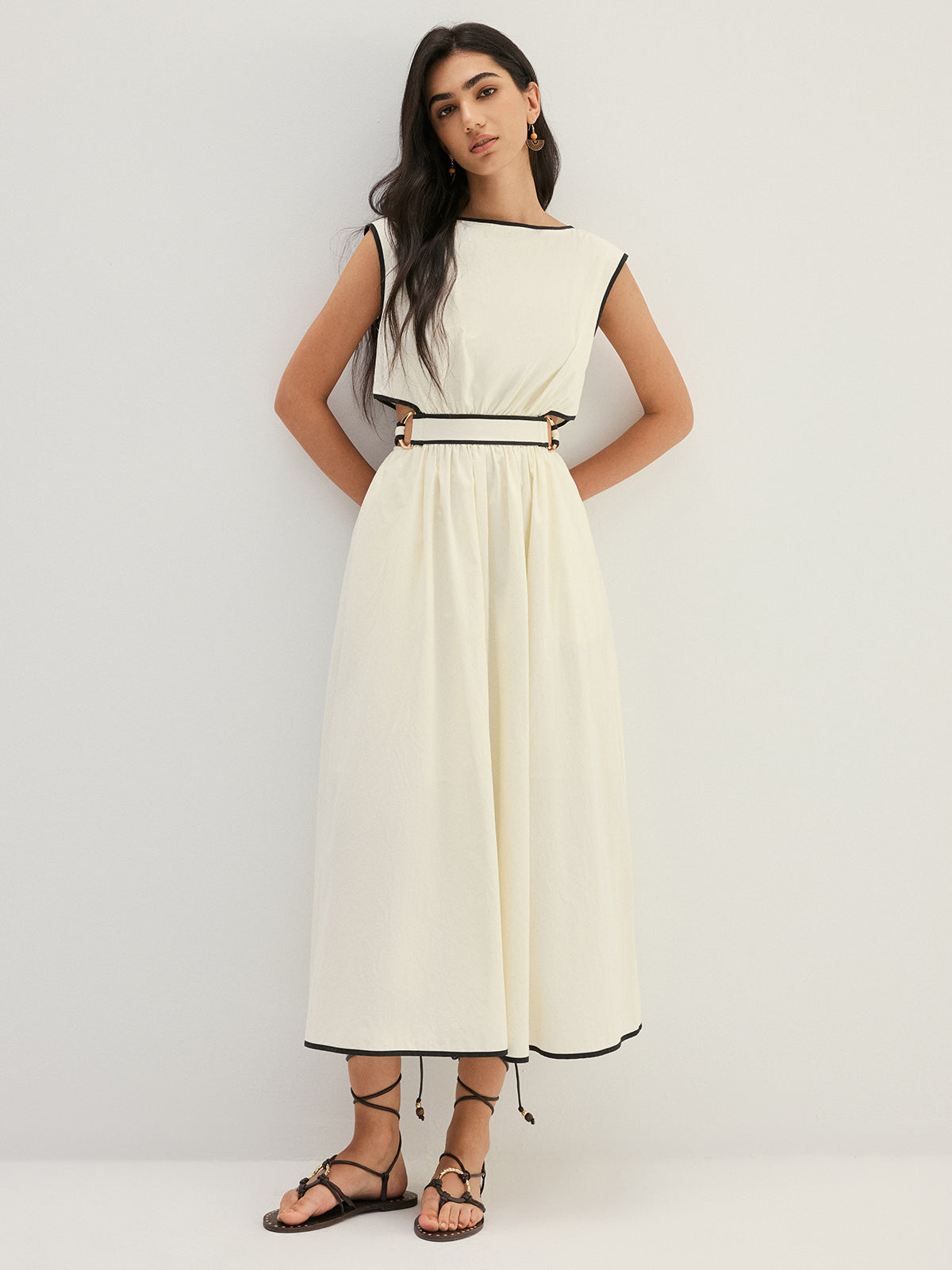 Contrast Trim Cutout Tie Back Midi Dress