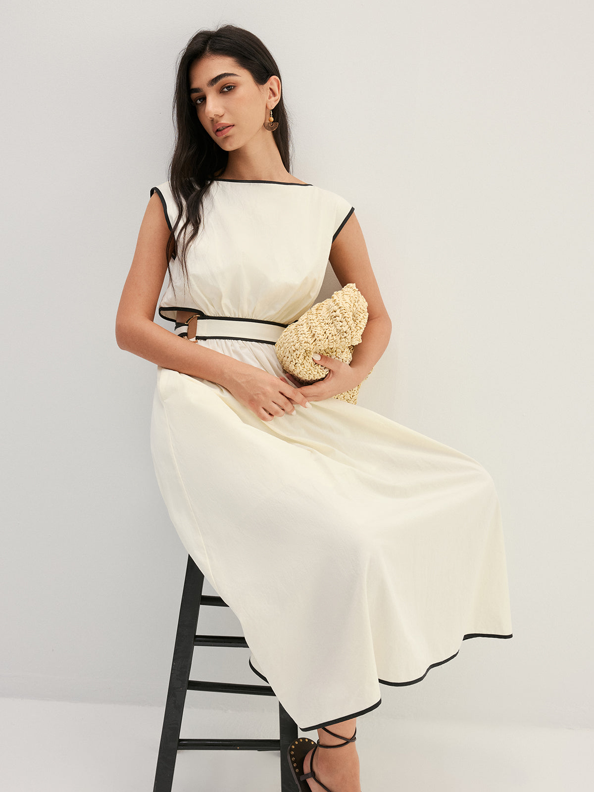 Contrast Trim Cutout Tie Back Midi Dress