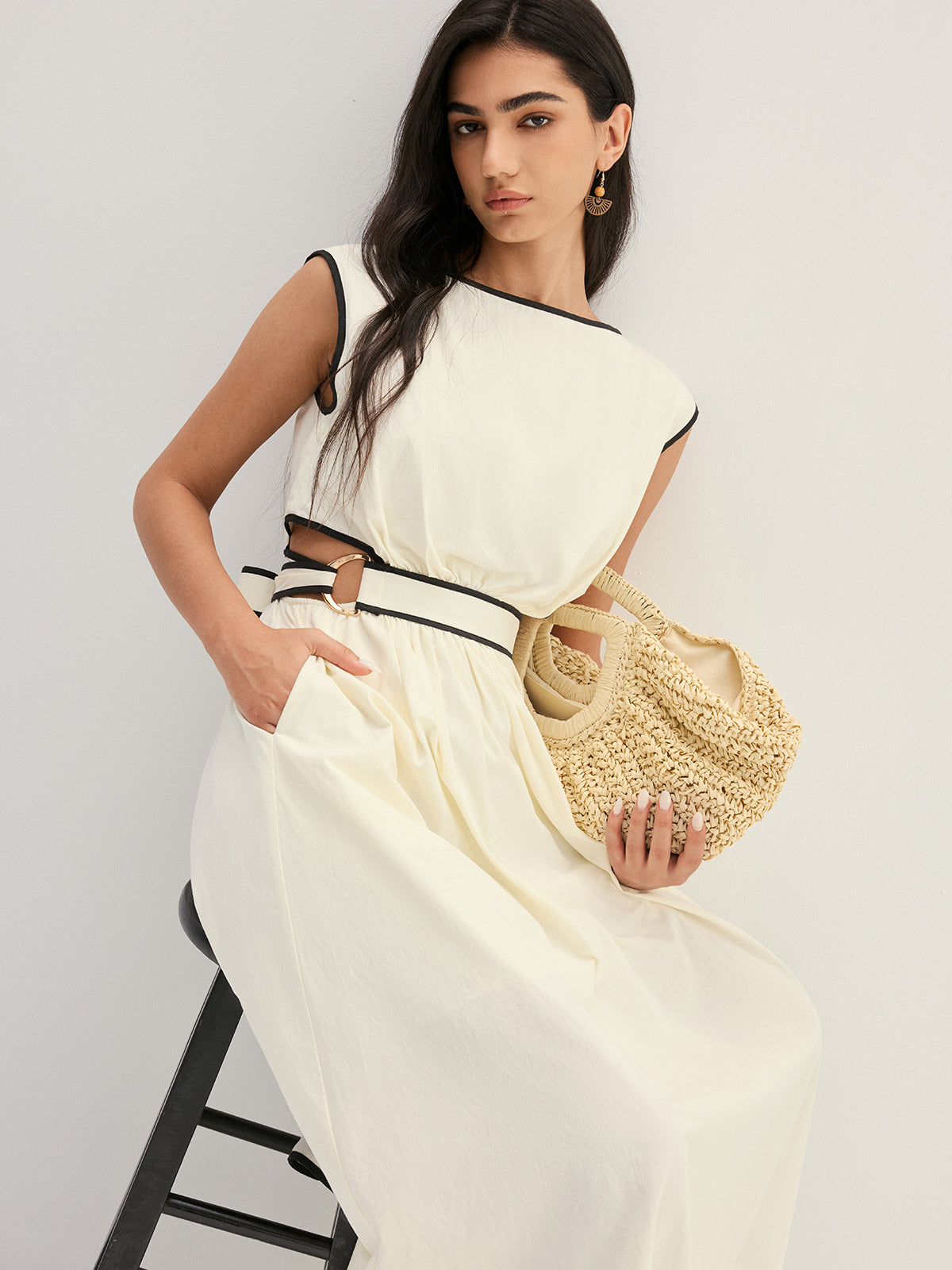 Contrast Trim Cutout Tie Back Midi Dress