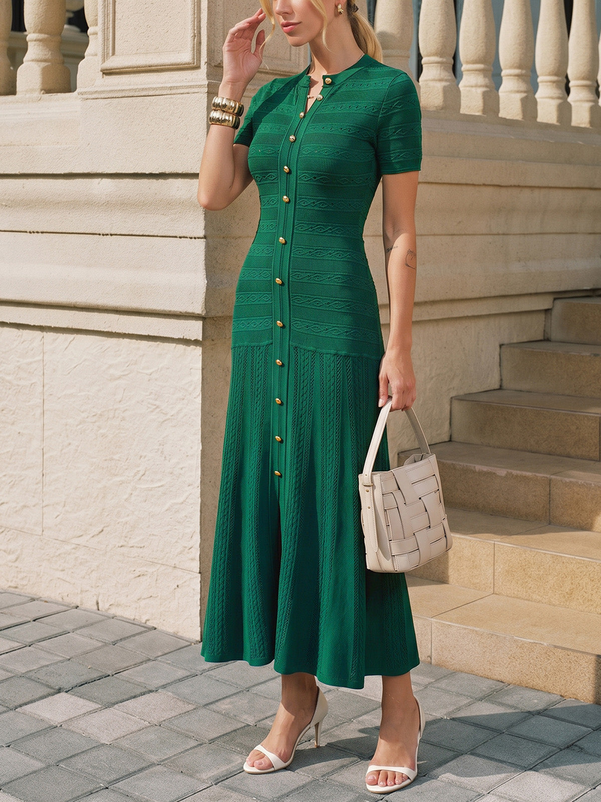 Short Sleeve Textured Knit Midi Dress