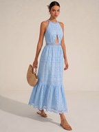 Halter Eyelet Cutout Midi Dress