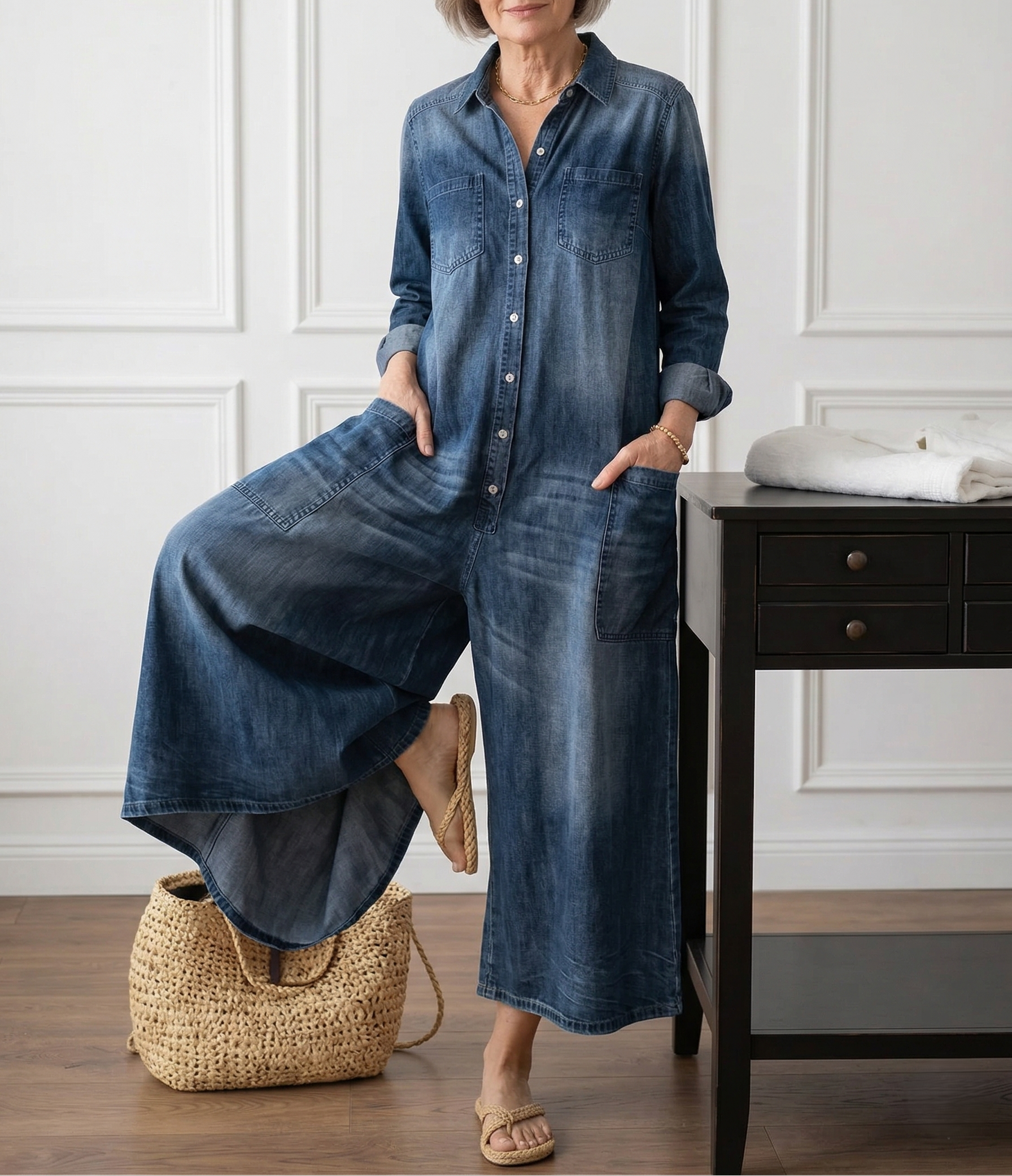 Saylor | Mono denim de algodón suave con lavado vintage y cierre de botones