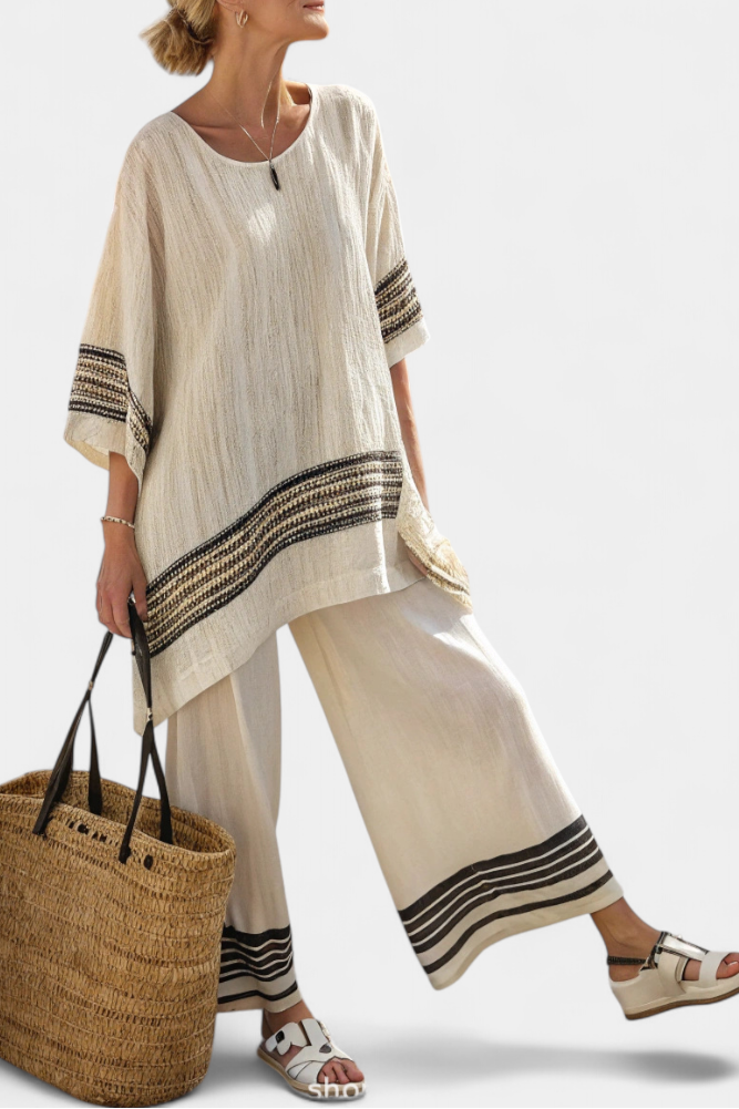 Harlowe | Elegante top de lino con rayas negras y pantalones holgados