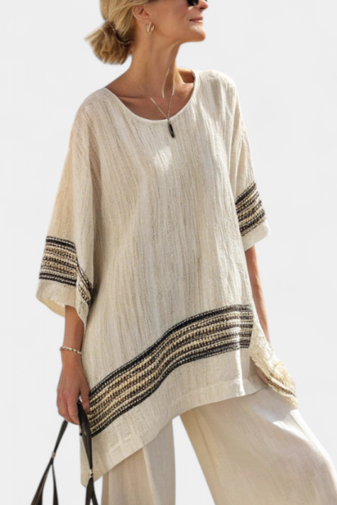 Harlowe | Elegante top de lino con rayas negras y pantalones holgados