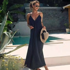 Robe verte longue à bretelles et dos nu pour femme