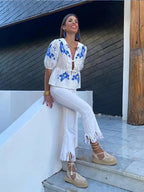 Olyra™ | Blusa de Algodón con Flores Boho Azules