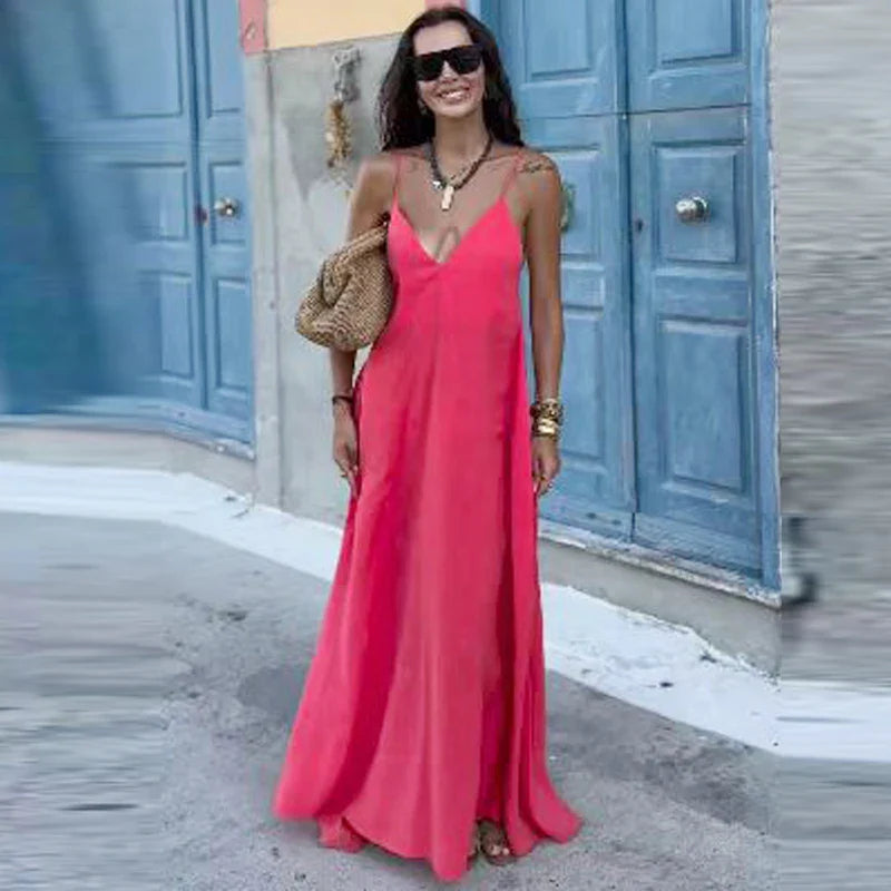 Robe verte longue à bretelles et dos nu pour femme