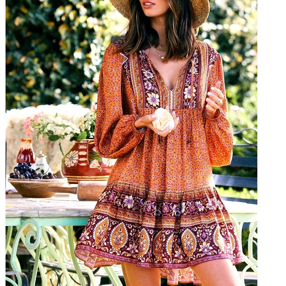 Sintra™ | Vestido hippie azul con mangas largas