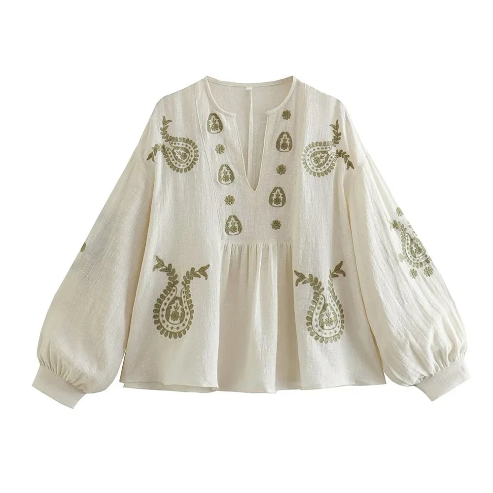 Lune™ | Blusa de Lino Crema con Bordado Bohemio