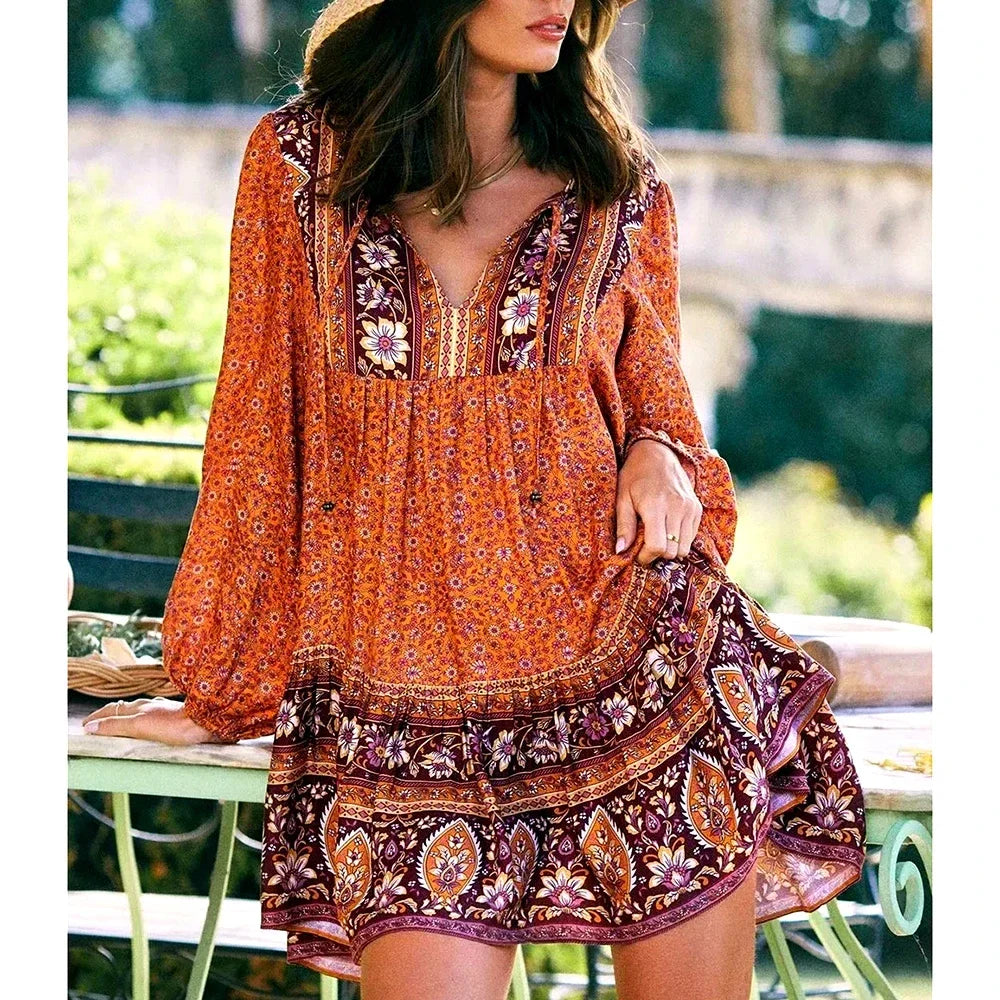 Sintra™ | Vestido hippie azul con mangas largas