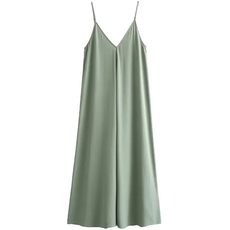 Robe verte longue à bretelles et dos nu pour femme