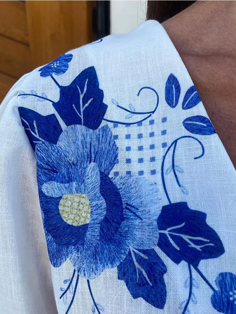 Olyra™ | Blusa de Algodón con Flores Boho Azules