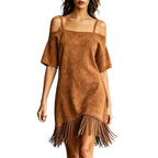 Noxen™ | Vestido liso de mujer con hombros al aire, tirantes finos y flecos 👗