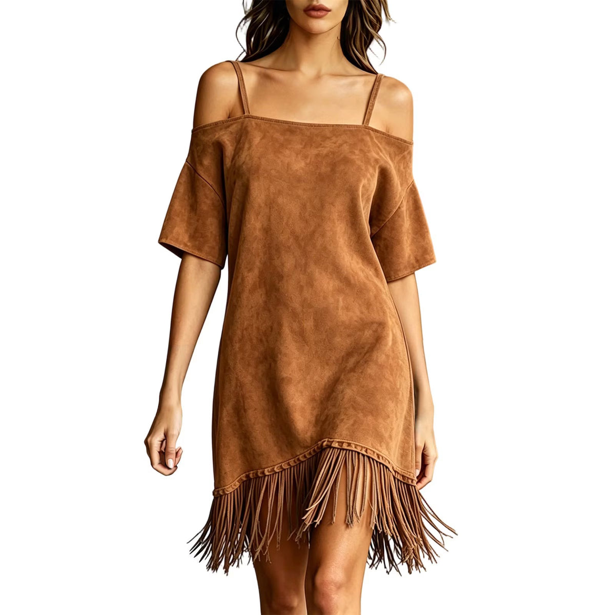 Noxen™ | Vestido liso de mujer con hombros al aire, tirantes finos y flecos 👗
