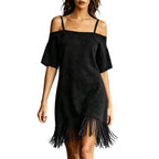 Noxen™ | Vestido liso de mujer con hombros al aire, tirantes finos y flecos 👗